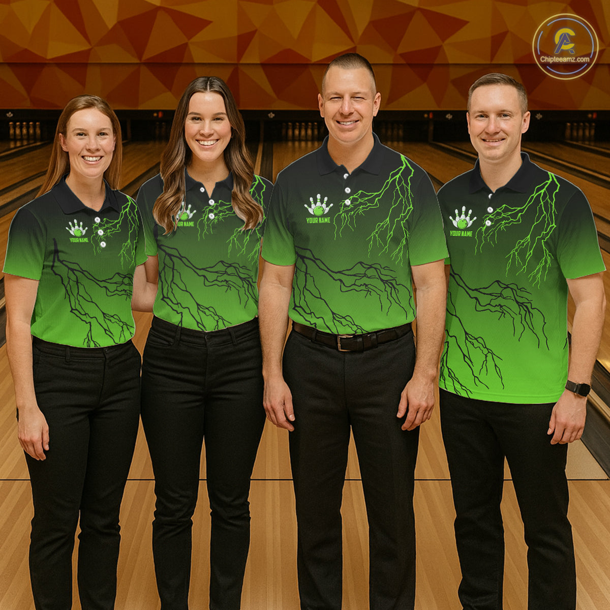 Black and Green gradient storm Lightning thunder Bowling shirts for Women Custom Bowling Team Jerseys NQS11171