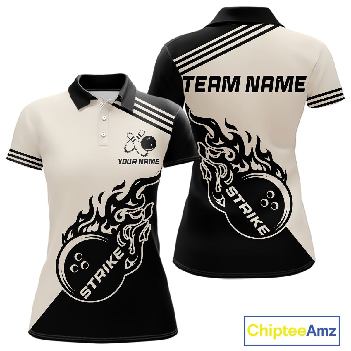 Custom Retro Beige and Black Flame Bowling Shirts For Women, Vintage Team Bowling League jerseys NQS11590
