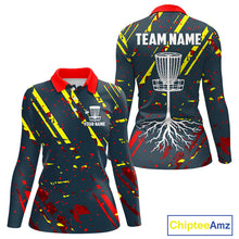 Load image into Gallery viewer, Blue, yellow and red background Womens Disc golf polo shirts Custom name disc golf clothing for team NQS10067