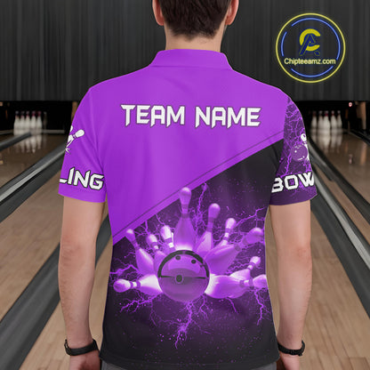 Men bowling polo, quarter zip shirts Custom purple lightning thunder Bowling Team Jersey Bowlers Gift NQS10591