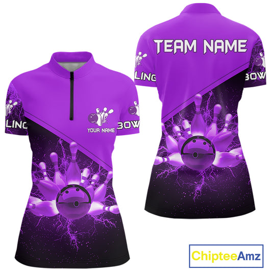 Women bowling polo, 1/4 zip shirts Custom purple lightning thunder Bowling Team Jersey Bowlers Gift NQS10591