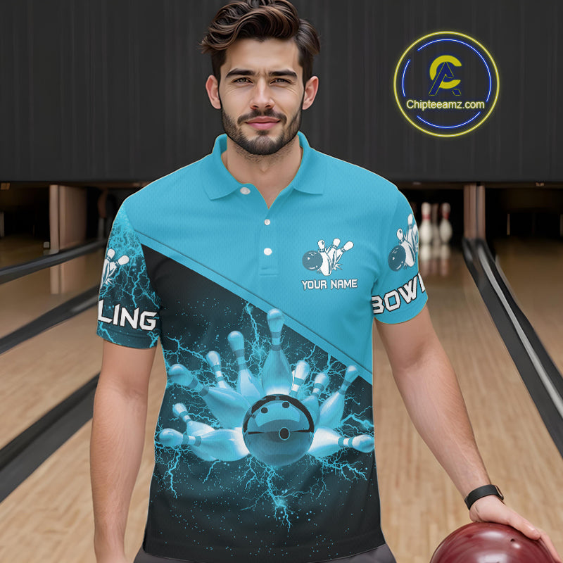 Men bowling polo, 1/4 zip shirts Custom light blue lightning thunder Bowling Team Jersey Bowlers Gift NQS10592