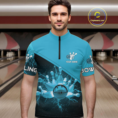 Men bowling polo, 1/4 zip shirts Custom light blue lightning thunder Bowling Team Jersey Bowlers Gift NQS10592