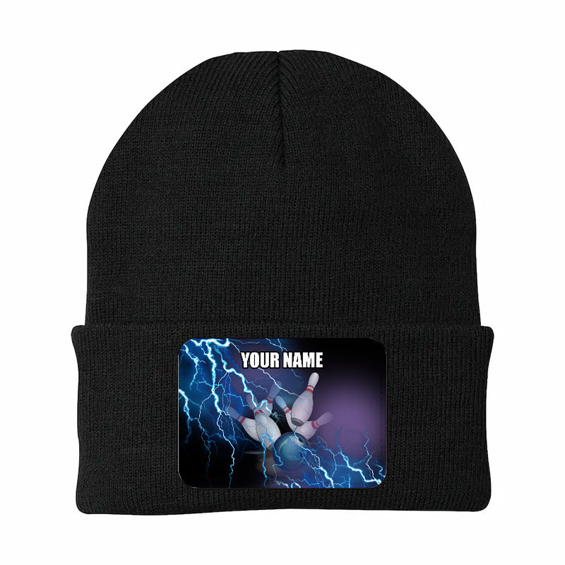 Blue Lightning Thunder Bowling Ball and Pins Custom Rectangle Patch Bowling Knit Beanie Hat NQS10799