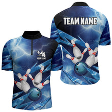 Load image into Gallery viewer, Blue Lightning Thunder Storm Bowling Polo, Quarter Zip Shirt For Men Custom Bowling Team Jersey NQS9114