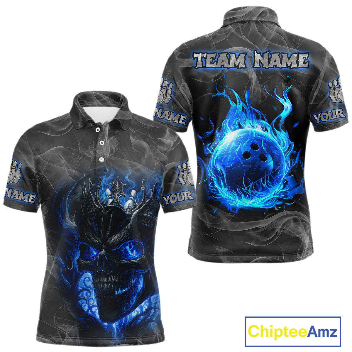 Grey Smoke Blue Flame Skull Bowling Polo, Quarter Zip Shirts For Men Custom Team Bowling Jerseys NQS11182