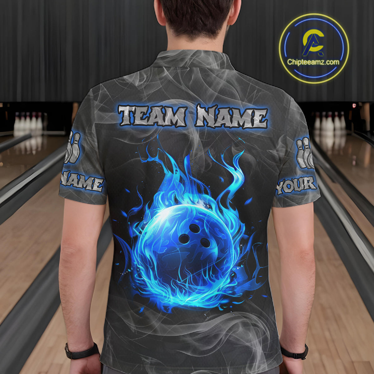 Grey Smoke Blue Flame Skull Bowling Polo, Quarter Zip Shirts For Men Custom Team Bowling Jerseys NQS11182
