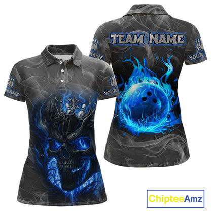 Grey Smoke Blue Flame Skull Bowling Polo, Quarter Zip Shirts For Women Custom Team Bowling Jerseys NQS11182