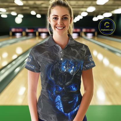 Grey Smoke Blue Flame Skull Bowling Polo, Quarter Zip Shirts For Women Custom Team Bowling Jerseys NQS11182
