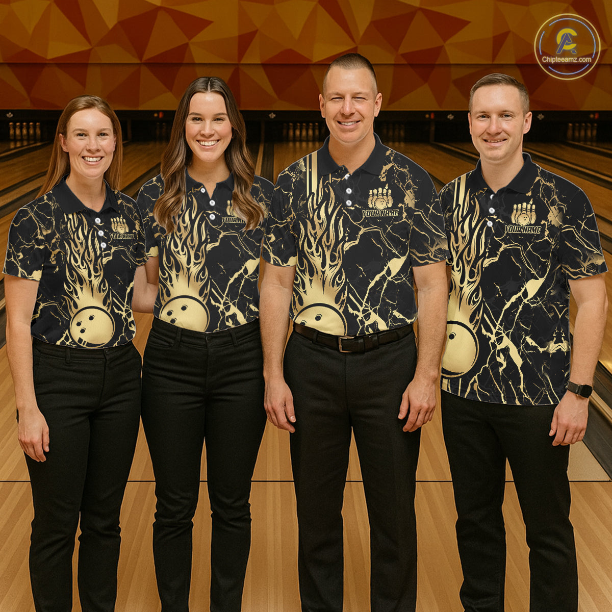 Black and Gold Camo Flame Bowling Polo, Quarter Zip Shirts For Women Custom Team Bowling Jerseys NQS11183