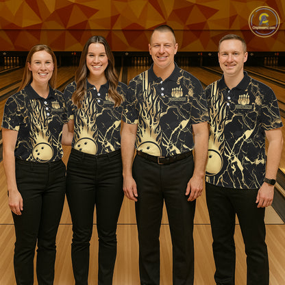 Black and Gold Camo Flame Bowling Polo, Quarter Zip Shirts For Women Custom Team Bowling Jerseys NQS11183
