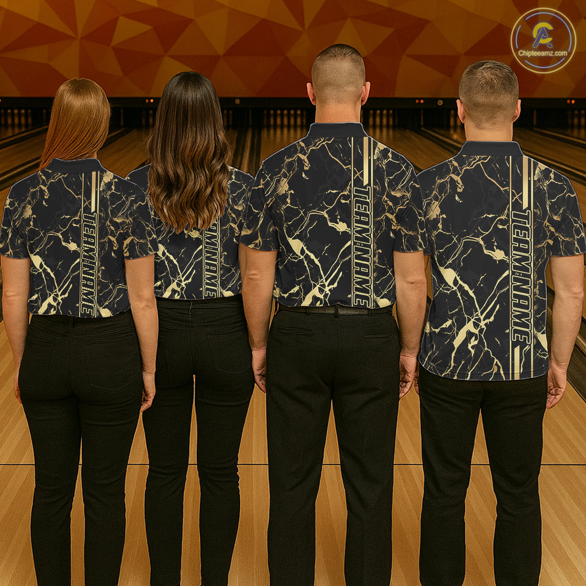 Black and Gold Camo Flame Bowling Polo, Quarter Zip Shirts For Women Custom Team Bowling Jerseys NQS11183
