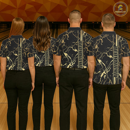 Black and Gold Camo Flame Bowling Polo, Quarter Zip Shirts For Women Custom Team Bowling Jerseys NQS11183
