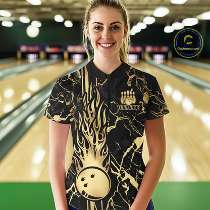 Black and Gold Camo Flame Bowling Polo, Quarter Zip Shirts For Women Custom Team Bowling Jerseys NQS11183