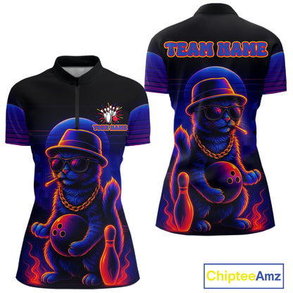 Custom Funny Cat Neon Bowling Jerseys for Women Bowling Uniform Polo & 1/4 Zip Bowling Team Shirts NQS11185