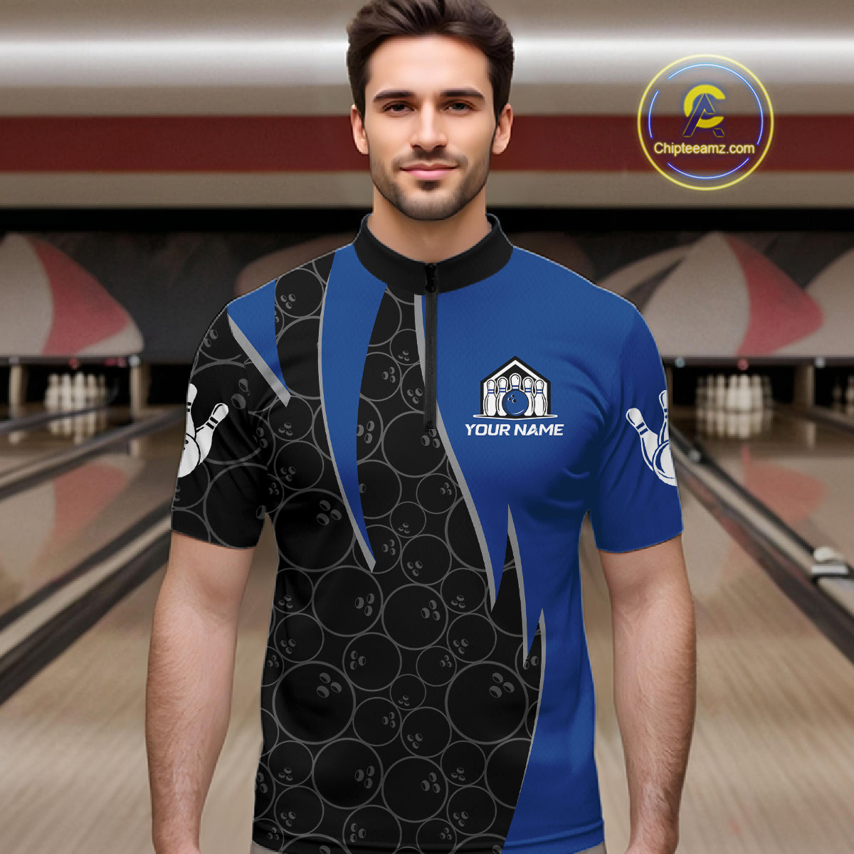 Black and blue lightning thunder shark bowling jerseys men custom bowling outfit men NQS11379