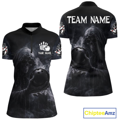 Custom Smoke Skull reaper Bowling Polo, 1/4 Zip Shirts for Women, Team bowling outfit Jerseys NQS11596