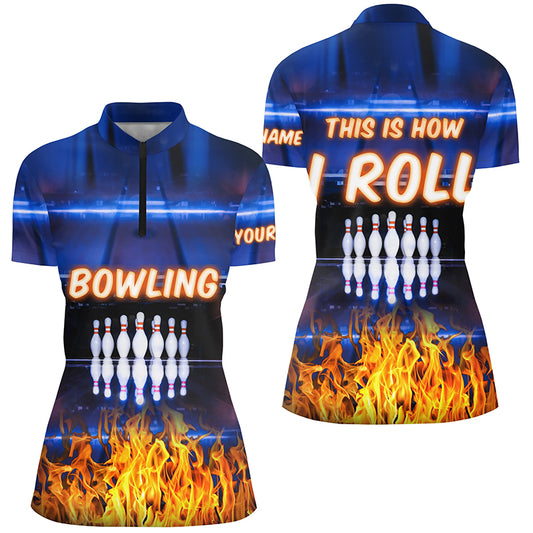Custom blue bowling shirt for women – personalized team jersey front view
