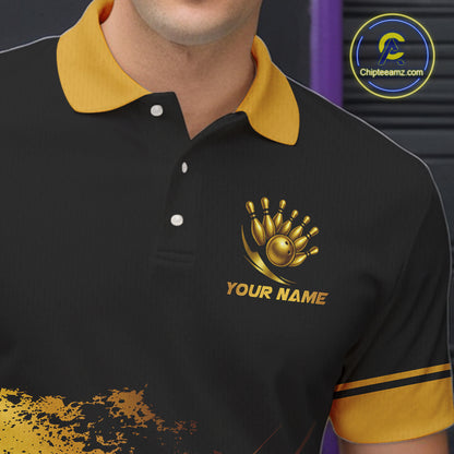 Custom Black And Gold Bowling Team Polo, Quarter-Zip Shirts For Men, Personalized Bowling Jerseys NQS10219