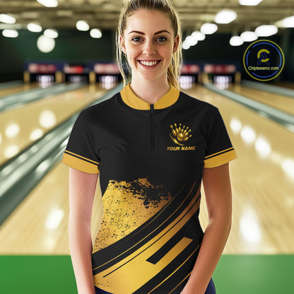 Custom Black And Gold Bowling Team Polo, Quarter-Zip Shirts For Women, Personalized Bowling Jerseys NQS10219