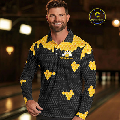 Custom Black and Yellow Honey Bee Bowling Shirts For Men, Bee Bowling Team Bowlers Outfit NQS10376