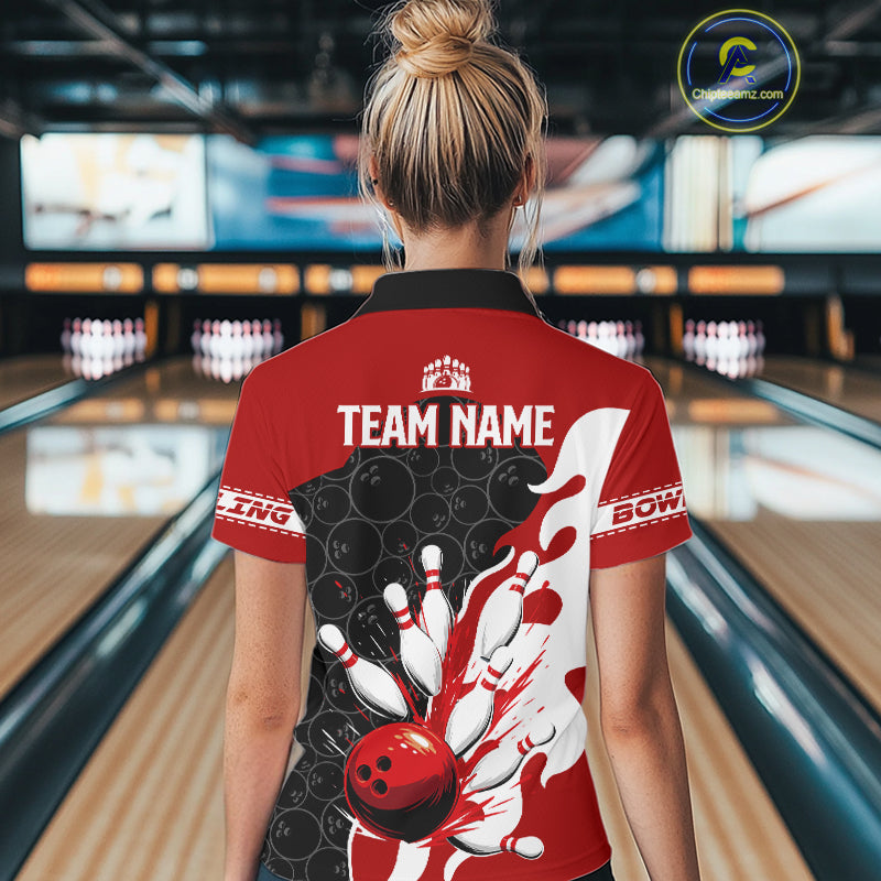 Black and Red Camo Bowling Polo, Quarter Zip Shirt For Women custom Bowling Team Jerseys Uniform NQS10380