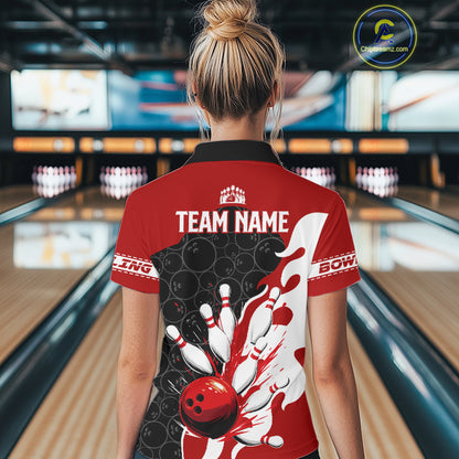 Black and Red Camo Bowling Polo, Quarter Zip Shirt For Women custom Bowling Team Jerseys Uniform NQS10380