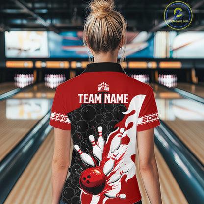 Black and Red Camo Bowling Polo, Quarter Zip Shirt For Women custom Bowling Team Jerseys Uniform NQS10380