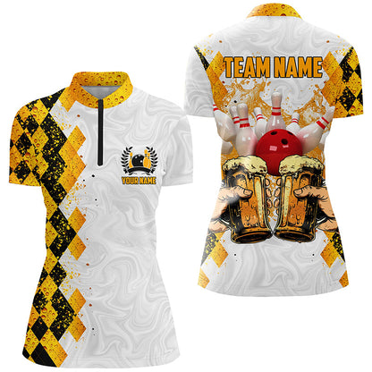 Bowling Beer argyle pattern Custom Bowling Polo, 1/4 zip Shirts For Women Bowling Team League Jersey NQS8423