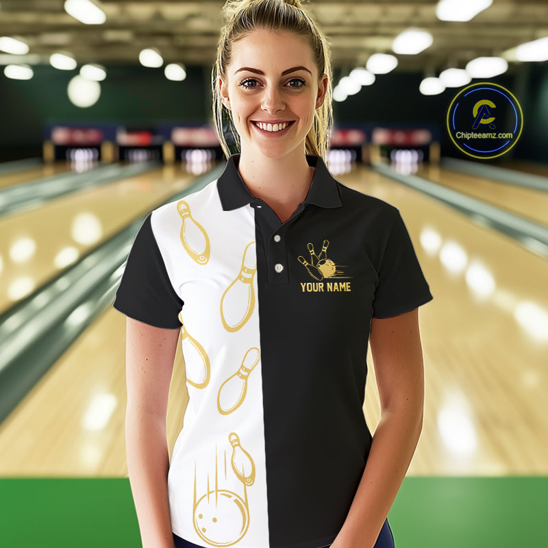 Black and white retro vintage Bowling polo, 1/4 Zip shirt for Women custom Bowling team jersey | Gold NQS10808