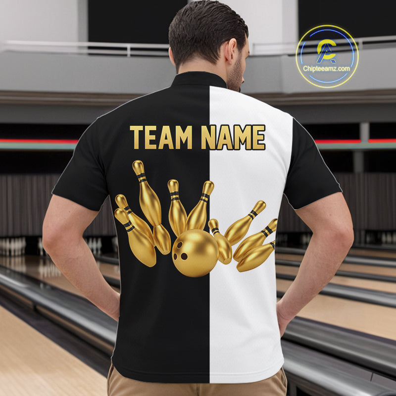 Black and white retro vintage Bowling polo, 1/4 Zip shirts for Men custom Bowling team jerseys | Gold NQS10808