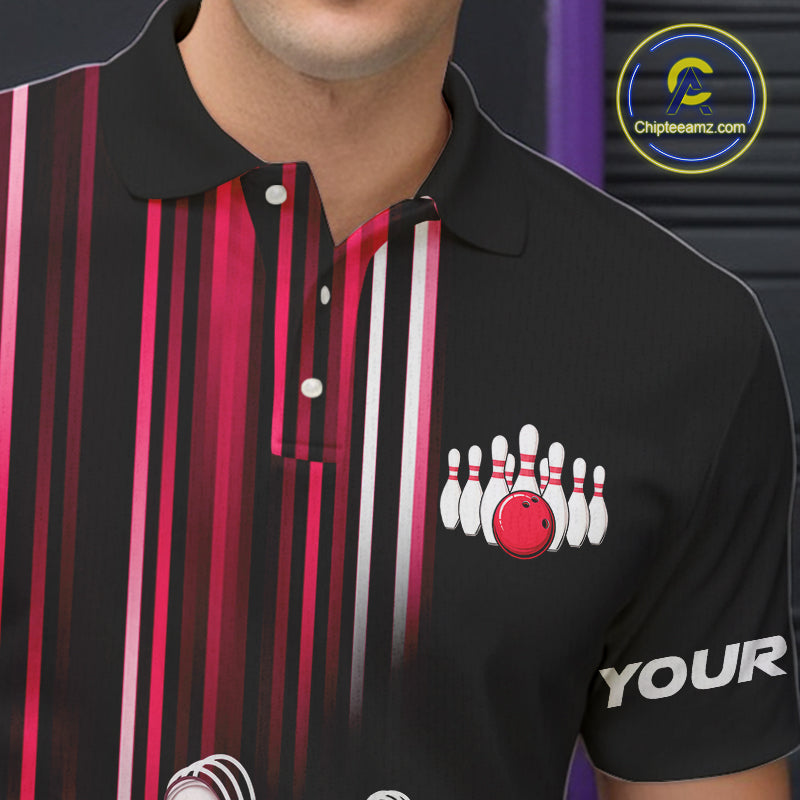 Black and red light Men bowling Polo, Quarter Zip Shirt Custom bowling ball and pins Team jerseys NQS9828