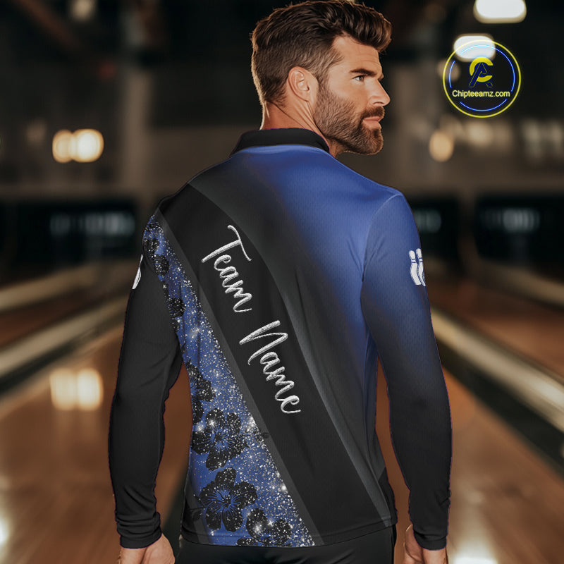 Black and Blue Glitter Flower Bowling Polo, Quarter Zip Shirt for Men Custom Bowling Team Jerseys NQS10383
