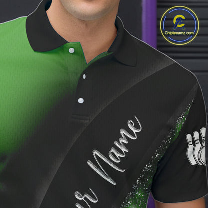 Black and Green Glitter Flower Bowling Polo, Quarter Zip Shirt for Men Custom Bowling Team Jerseys NQS10384