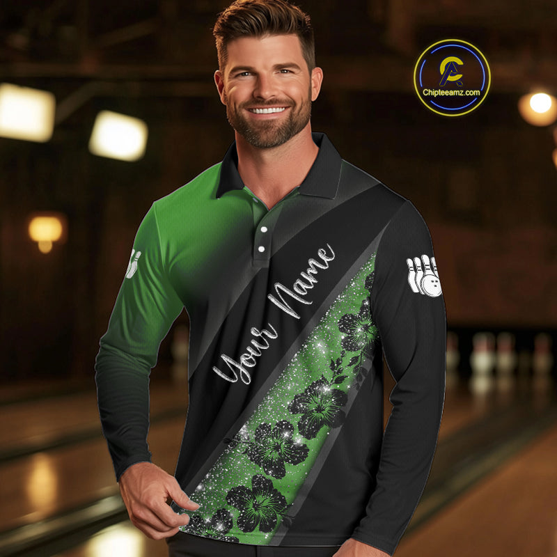 Black and Green Glitter Flower Bowling Polo, Quarter Zip Shirt for Men Custom Bowling Team Jerseys NQS10384