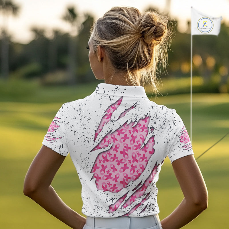 Pink ribbon white grunge pattern Women golf polo shirt custom breast cancer awareness ladies golf top NQS10386