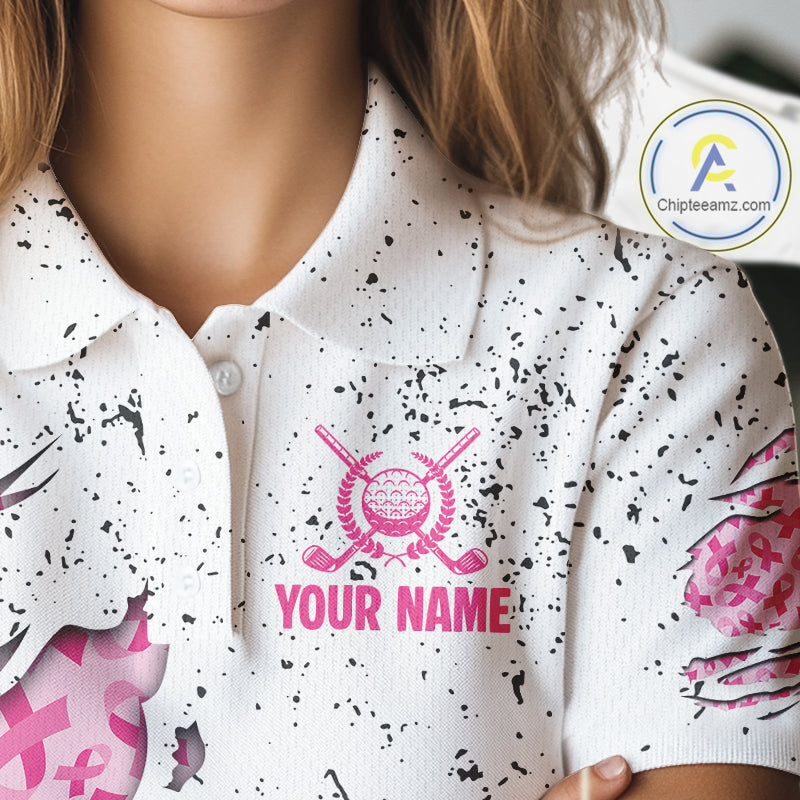 Pink ribbon white grunge pattern Women golf polo shirt custom breast cancer awareness ladies golf top NQS10386