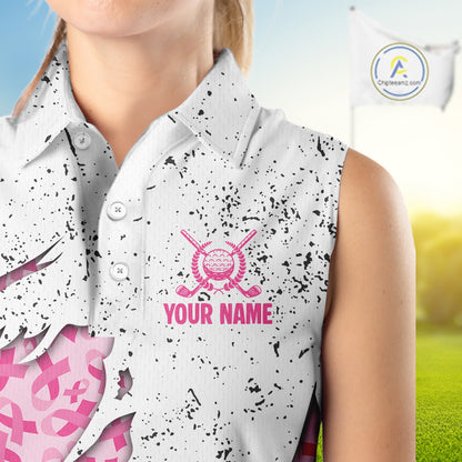 Pink ribbon white grunge pattern Women Sleeveless Polo Shirt custom breast cancer awareness golf top NQS10386
