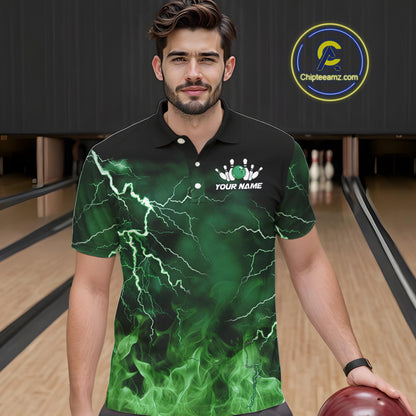 Mens bowling shirts Custom green lightning thunder flame Bowling Team Jersey, gift for team Bowlers NQS10388