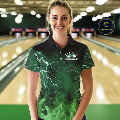 Women bowling shirts Custom green lightning thunder flame Bowling Team Jersey, gift for team Bowlers NQS10388
