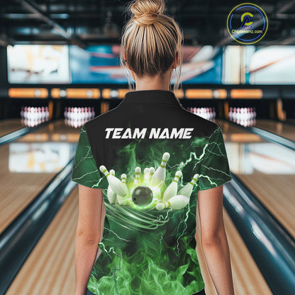 Women bowling shirts Custom green lightning thunder flame Bowling Team Jersey, gift for team Bowlers NQS10388