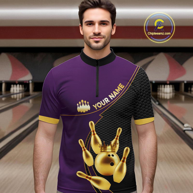 Purple and Gold Bowling shirts for men Custom Team Bowling Polo, 1/4 zip Shirt bowlers Outfit NQS10987