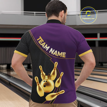 Purple and Gold Bowling shirts for men Custom Team Bowling Polo, 1/4 zip Shirt bowlers Outfit NQS10987