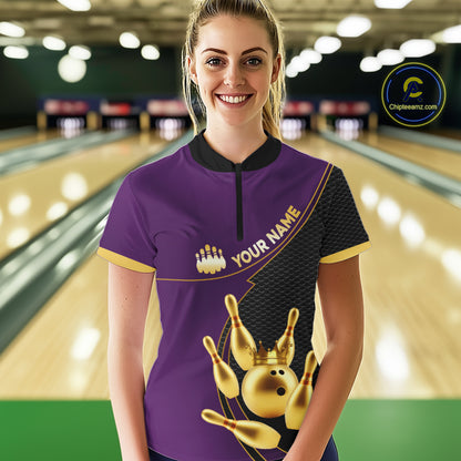 Purple and Gold Bowling shirts for Women Custom Team Bowling Polo, 1/4 zip Shirt bowlers Outfit NQS10987