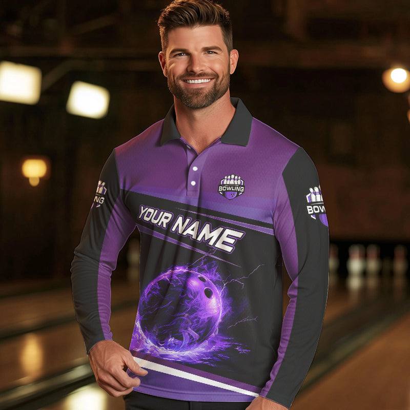 Black and Purple Lighting Flame Mens Bowling Polo, Quarter Zip Shirt Custom Team bowling jerseys NQS9320