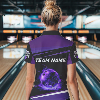 Black and Purple Lighting Flame Women Bowling Polo, Quarter Zip Shirt Custom Team bowling jerseys NQS9320