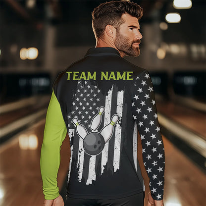 Black White Retro American Flag Bowling Shirts For Men Custom Patriotic Bowling Team Jersey | Green NQS9638