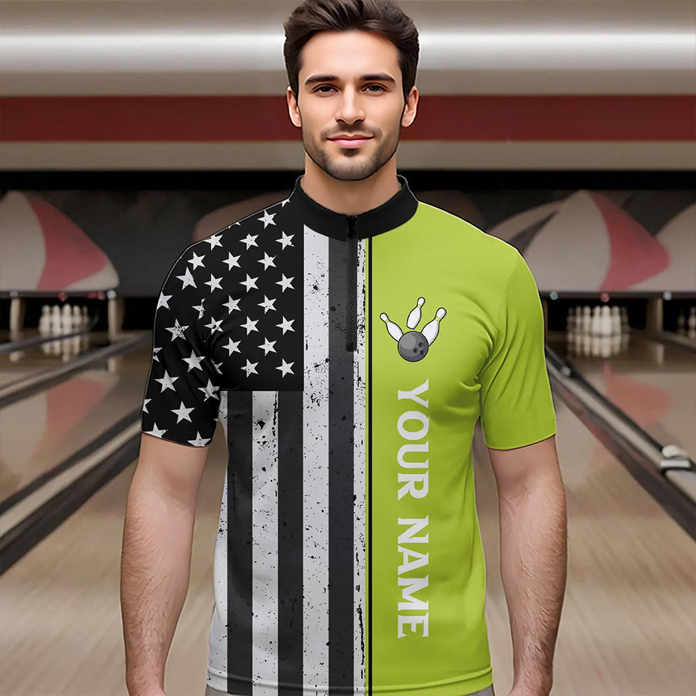 Black White Retro American Flag Bowling Shirts For Men Custom Patriotic Bowling Team Jersey | Green NQS9638