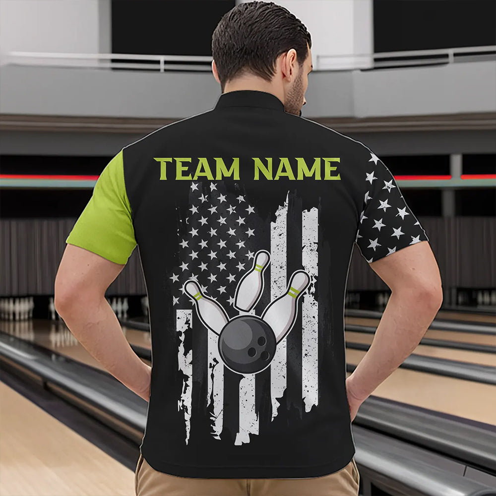 Black White Retro American Flag Bowling Shirts For Men Custom Patriotic Bowling Team Jersey | Green NQS9638