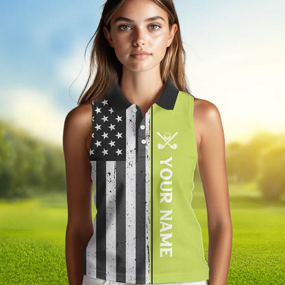 Black White Retro American Flag Women Sleeveless Polo Shirt Custom Patriotic Golf Team Shirt | Green NQS9637